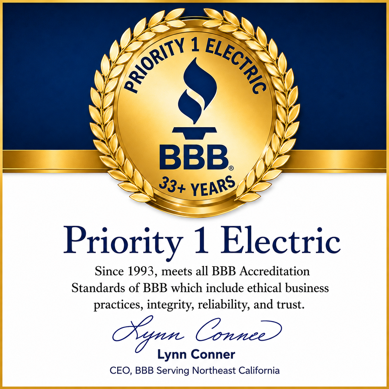 Priority 1 Electric, BBB Accredited Business since November 18, 1993.